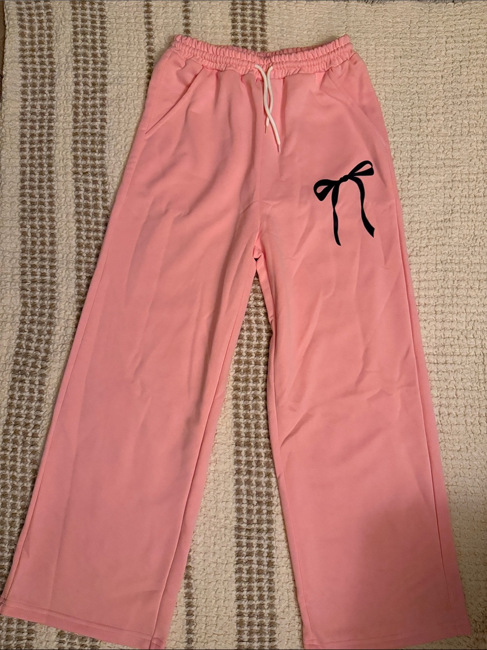 Pink Wide-Leg Sweatpants with Black Bow Detail